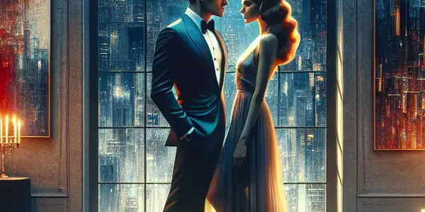 A Wall Street executive and an art gallery employee share an intimate gaze in a vibrant New York City gallery.