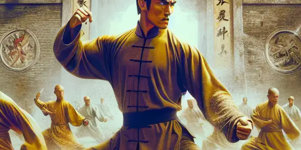 Liu Chia-hui showcases martial arts in a vibrant Shaolin temple courtyard, surrounded by training monks and dramatic sunlight.