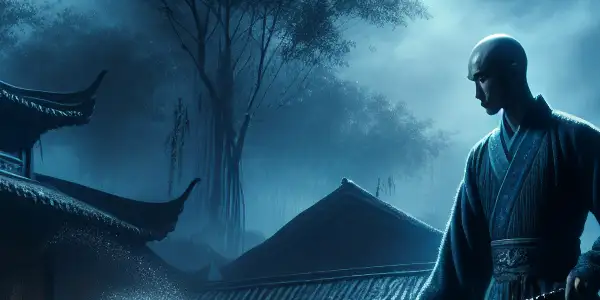 A lone sword master stands in a misty, moonlit ancient village, poised for action amidst a fierce duel.