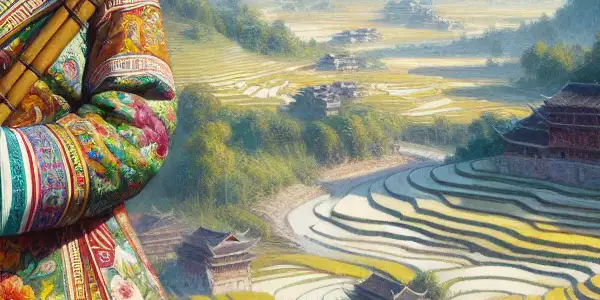 Liu Sanjie, a brave Zhuang woman, stands confidently in a vibrant mountain landscape, holding a bamboo flute.