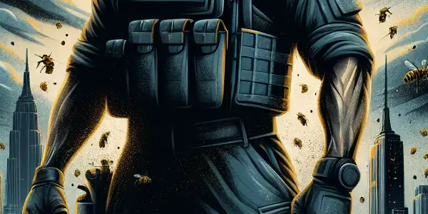 Jason Statham as Adam Clay stands ready for battle in a dramatic urban twilight, surrounded by swarming bees.