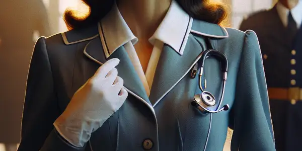 A glamorous nurse in a vintage uniform stands in a softly lit hospital corridor, exuding confidence and intrigue.