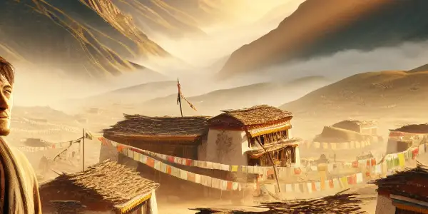 Kong Fansen, an aid worker in traditional attire, stands on the Tibetan plateau, surrounded by mountains and a village.