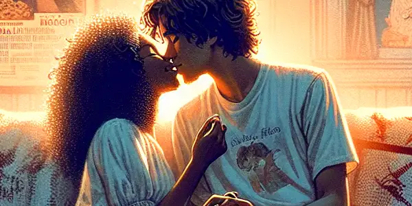 A young couple shares a tender first kiss in a cozy, dimly lit room adorned with fairy lights.