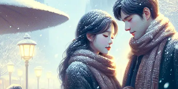 A couple shares an intimate moment in a snowy Beijing winter scene, surrounded by falling snowflakes and warm café light.