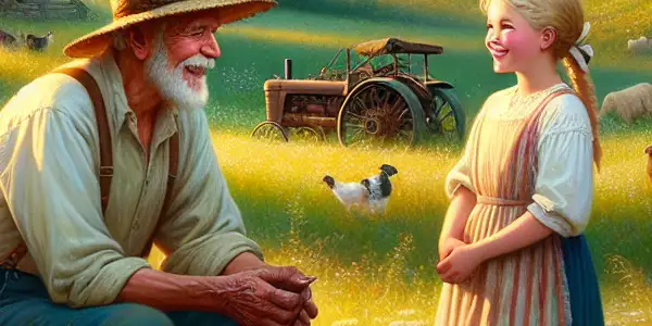 A kind farmer interacts with a smiling country girl in a picturesque rural landscape filled with flowers and animals.